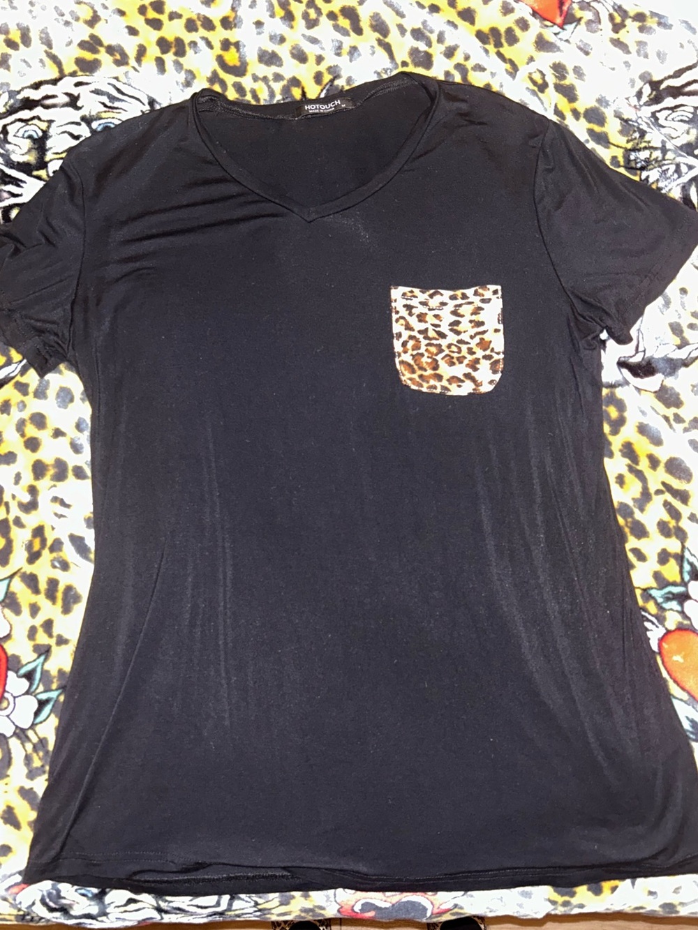 Black V-Neck Tee with Leopard Pocket - Women's Short Sleeve